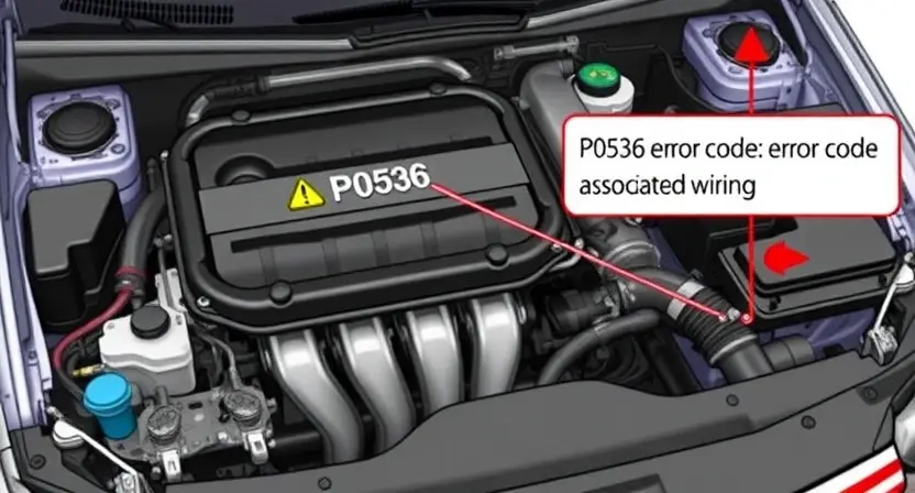 A detailed illustration of a car's engine bay, specifically highlighting the P0536 error code indicator light and associated wiring. Focus on clarity and precision to represent the diagnostic and repair process.