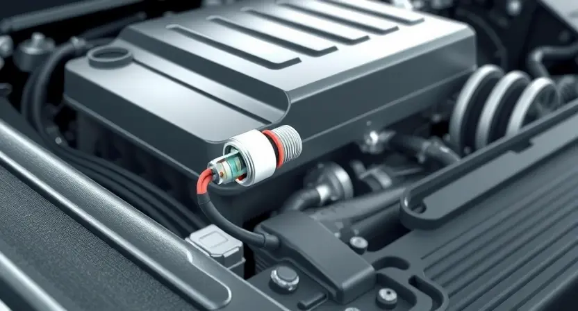 A close-up illustration of a car engine bay with a highlighted temperature sensor. The sensor should be clearly visible, with wires connected to it. The background should show other engine components, but the focus should be on the sensor. The overall lighting should be bright and clean, emphasizing the sensor's details.