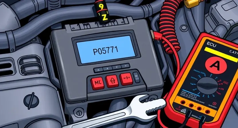 A detailed illustration of a car's engine control unit (ECU) with various diagnostic tools connected. Focus on the ECU's display showing a P0571 error code. Include a wrench and a multimeter nearby, symbolizing diagnostics.