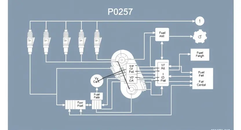A detailed schematic diagram of an engine's fuel injection system, highlighting the P0257 error code and its associated components (fuel injectors, fuel rail, engine control unit). The diagram should clearly show the circuit connections and potential points of failure. Focus on visual clarity and accuracy.
