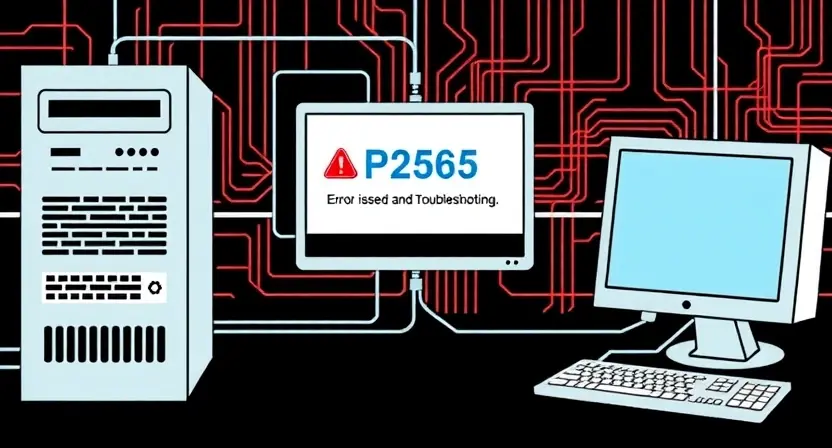 A technical illustration depicting a computer system with a highlighted error message 'P2565'. The system should show a server, a client, and network connections. The error message should be clearly visible on a screen. Focus on conveying a technical issue and troubleshooting.