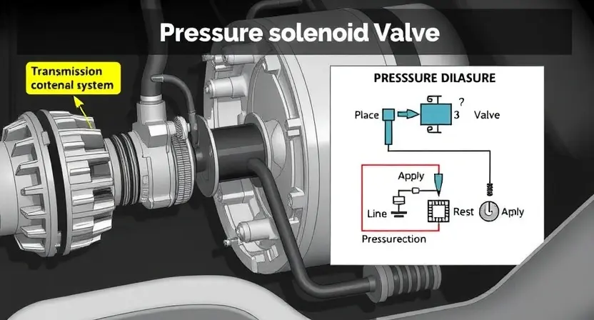 A detailed illustration of a car's transmission system, focusing on the pressure solenoid valve. Show the valve, its connections to the transmission and hydraulic lines, and a visual representation of the pressure being applied. Include a schematic diagram highlighting the solenoid's role in controlling pressure.