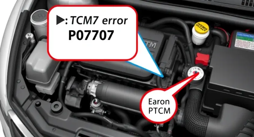 A detailed illustration of a car's engine bay, highlighting the P0707 error code indicator light. Include visual representations of related components like the transmission control module (TCM) and relevant wiring. Focus on clarity and technical accuracy.