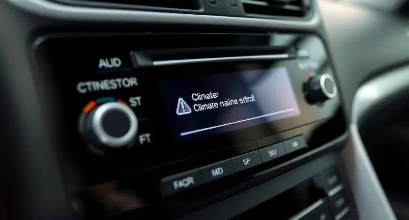 A close-up shot of a car's dashboard, specifically focusing on the climate control display. The display should show a warning message or error code related to the climate control system. The overall scene should be well-lit and detailed, emphasizing the electronic components and the warning indicator. The car interior should be clean and modern, but the focus remains on the dashboard and the error message.