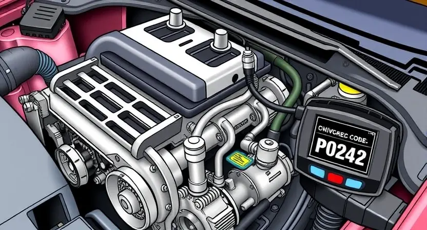A detailed illustration of a car engine with a focus on the P0242 error code indicator. The engine should be realistically depicted, showing various components like the crankshaft, camshaft, and sensors. The P0242 code should be clearly visible on a diagnostic screen near the engine.