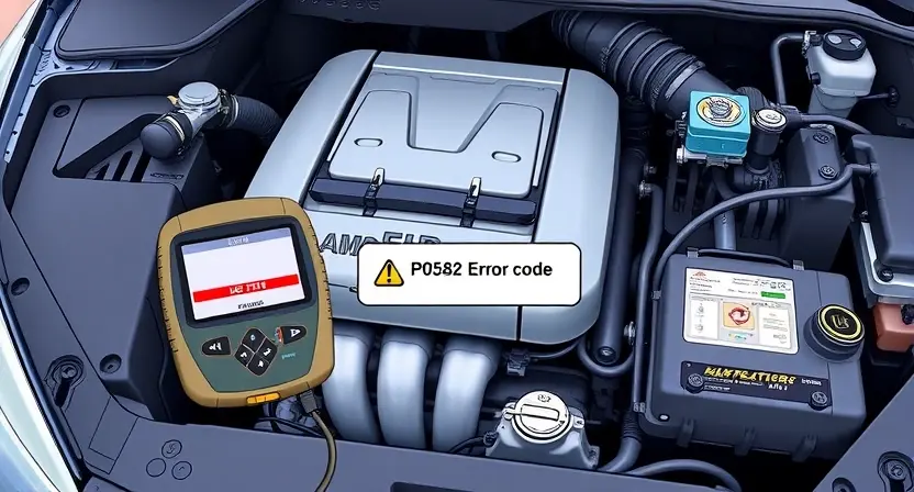 A detailed illustration of a car engine with a diagnostic tool connected to it, highlighting the P0582 error code indicator. The engine should be well-lit and show various components.