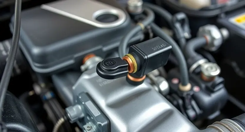 A close-up, detailed image of a car's engine bay. Focus on the mass airflow sensor (MAF sensor) and its surrounding components. The engine should appear clean and well-maintained. The lighting should be bright and even, highlighting the sensor's details.