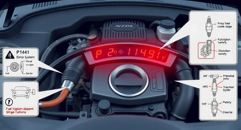 A high-quality technical illustration showing a car engine with a warning light on the dashboard indicating error code P1441, surrounded by schematic diagrams of fuel injection system components, with clear labels and clean lines, in the style of HQ-832-448-h