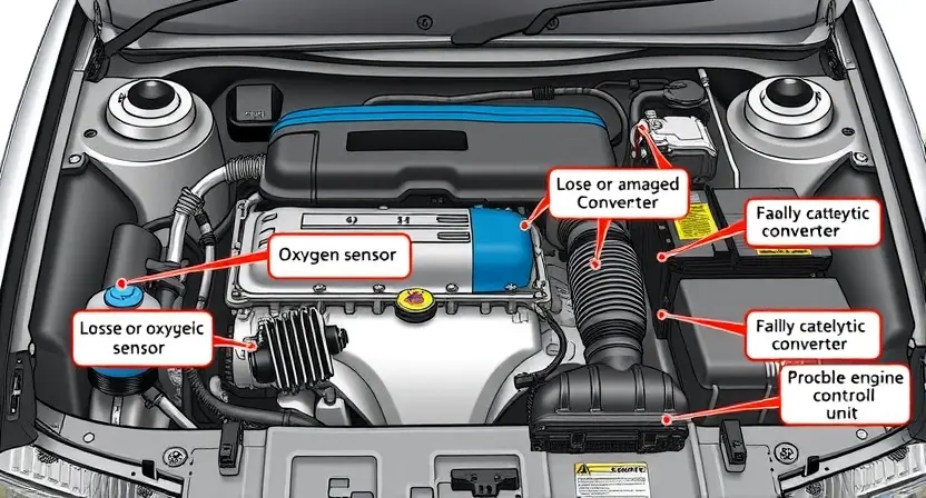 A detailed illustration of a VAZ/Lada car engine bay, highlighting the area related to the P1141 error code. Include visual cues representing potential causes like a loose or damaged oxygen sensor, a faulty catalytic converter, or a problem with the engine control unit. Focus on technical details and clear labeling of components.