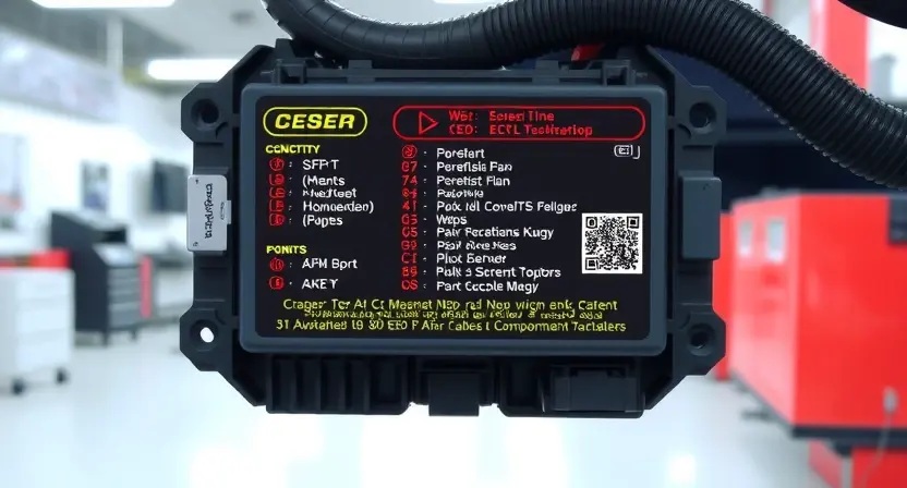 A close-up, detailed illustration of a car's engine control unit (ECU) with highlighted diagnostic codes and wiring diagrams. The background should be a clean, professional automotive repair shop environment. Focus on the electronic components and connections within the ECU.