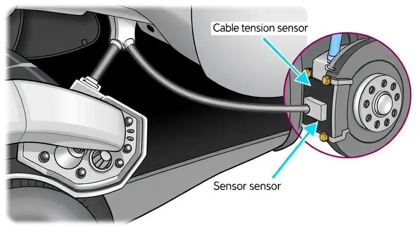 A detailed illustration of a car's parking brake system, highlighting the cable tension sensor. The image should show the cable running from the handbrake lever to the rear brakes, with a close-up view of the sensor attached to the cable. Include labels pointing to the key components: handbrake lever, cable, sensor, and rear brake mechanism. The overall aesthetic should be clean and informative, suitable for a maintenance guide.