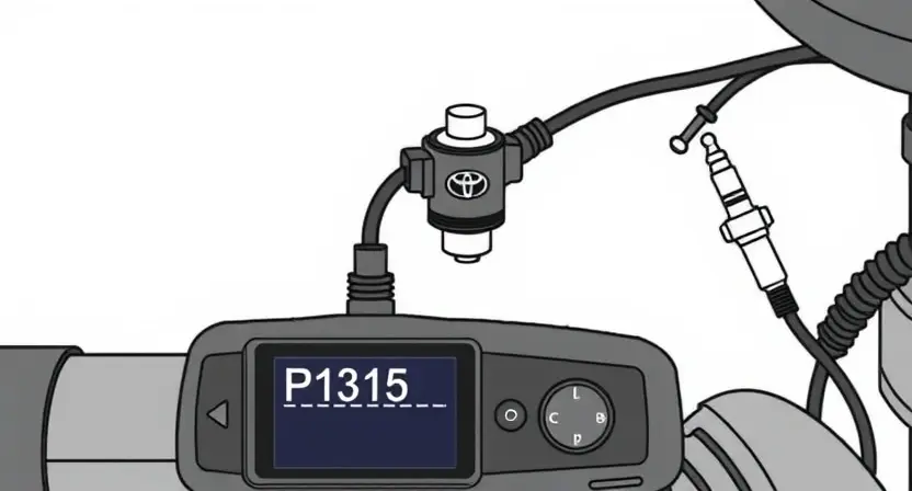 A high-quality technical illustration of a Toyota vehicle's ignition system showing the P1315 error code on a diagnostic scanner, with highlighted ignition coil and spark plug wires, clean white background, detailed engineering drawing style, no text or numbers on image