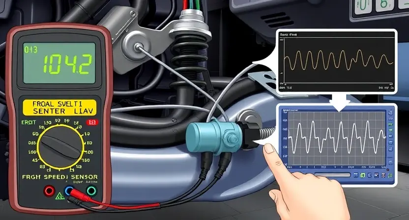 A detailed technical illustration of a vehicle's front wheel speed sensor showing high signal level error C0042, with a digital multimeter displaying abnormal voltage readings, wiring harness connected to the sensor, and a car's front suspension components visible in the background. Include diagnostic tools like an oscilloscope showing a distorted waveform and a mechanic's hand pointing at the sensor. The scene is set in a well-lit auto repair shop with soft shadows and realistic textures.