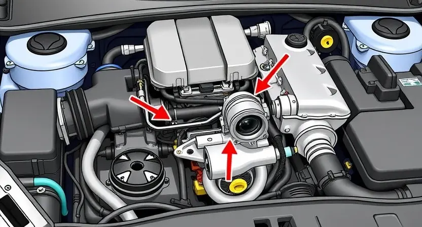 A detailed illustration of a car engine bay, focusing on the intake manifold and throttle body. The throttle body is visibly stuck or jammed in a closed position. Arrows point to the throttle body and the intake manifold, highlighting the area of concern. The engine bay should be clean and well-lit, showcasing the components clearly. Include a wrench near the throttle body to suggest inspection or repair.