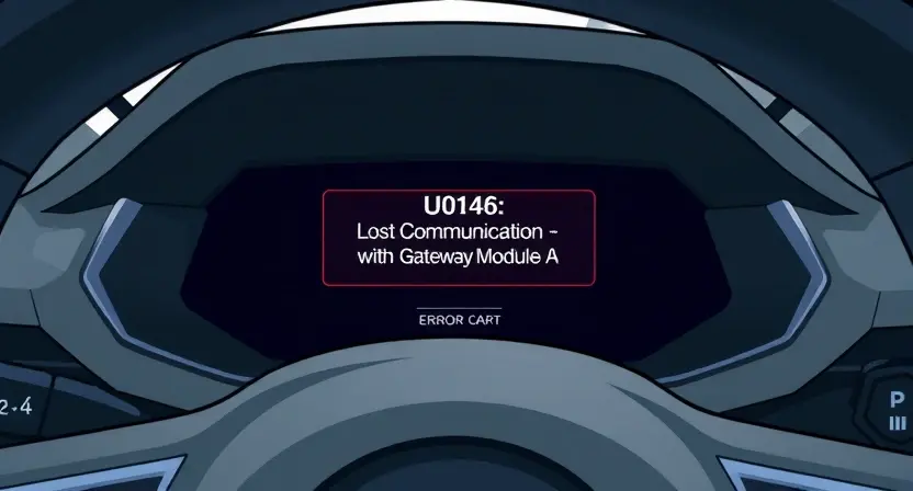 A detailed illustration of a car's dashboard with a highlighted error message indicating 'U0146: Lost Communication with Gateway Module A'. The dashboard should be clean and modern, focusing on the error message display. The car interior should be subtly visible but not distracting. The focus is on the error notification itself.