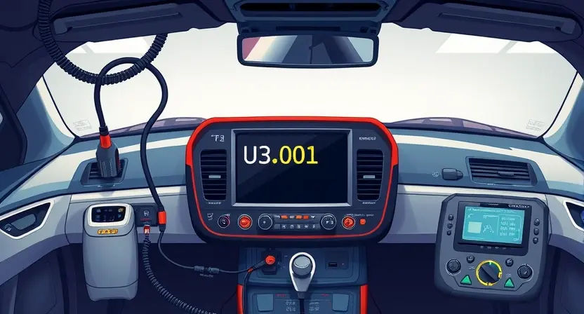 A detailed technical illustration of a car's electronic control unit (ECU) with diagnostic error code U3001 displayed on a digital dashboard screen, surrounded by wiring harnesses, sensors, and diagnostic tools like an OBD-II scanner, in a clean automotive workshop setting with soft ambient lighting, high detail, realistic textures, and professional engineering diagram aesthetics