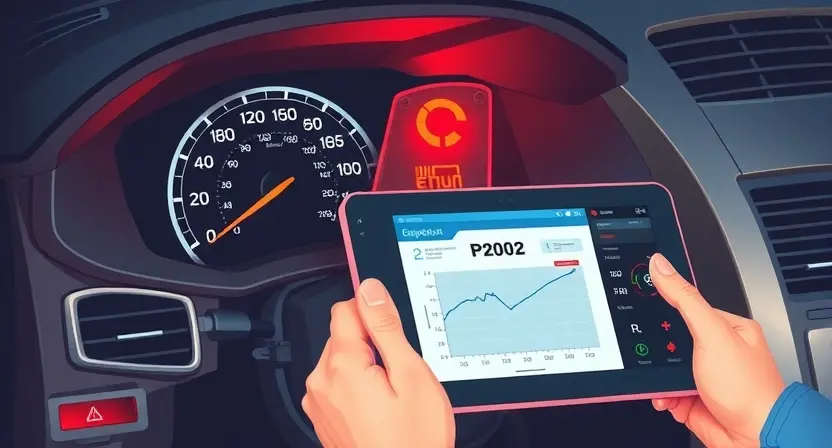 A high-quality technical illustration showing a car engine with a glowing check engine light on the dashboard, a digital diagnostic scanner displaying the P2002 error code, and a mechanic's hand holding a tablet with engine performance graphs, all rendered in a clean, professional style with accurate automotive details and no text or numbers on the image