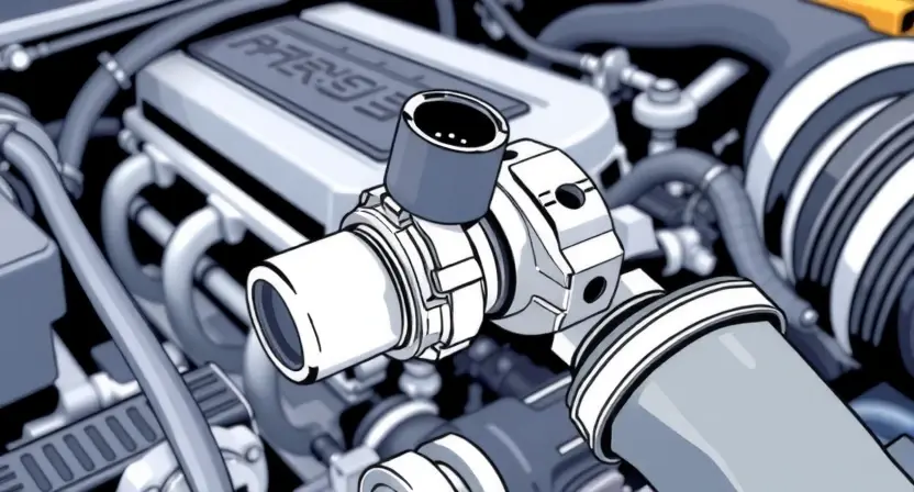 A close-up, detailed illustration of a car's engine bay, specifically highlighting the mass airflow sensor (MAF sensor). The sensor should be clearly visible, with surrounding engine components subtly in focus. The overall lighting should be bright and clean, emphasizing the sensor's details. Focus on the sensor's physical appearance and its connection points.
