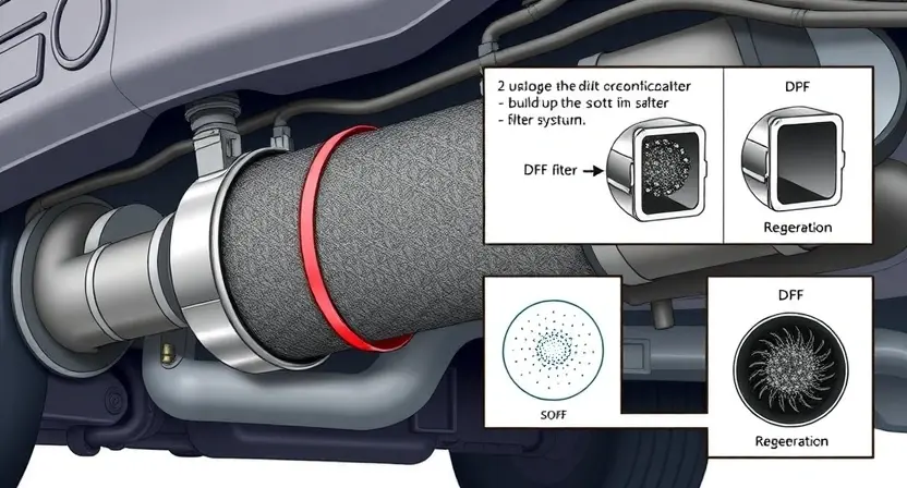 A detailed illustration of a diesel particulate filter (DPF) system in a vehicle. The image should clearly show the DPF filter itself, its location within the exhaust system, and the buildup of soot inside the filter. Include diagrams illustrating the flow of exhaust gases through the DPF and the process of regeneration. Focus on the internal structure of the DPF and the accumulation of particulate matter. The overall aesthetic should be technical and informative, suitable for a repair manual or