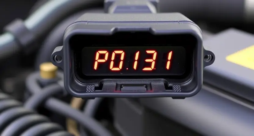 A close-up, detailed image of an OBD-II port on a car, with a digital display showing "P0131" illuminated. The background should be a slightly blurred view of the car's engine bay. Focus on the port and the error code display.