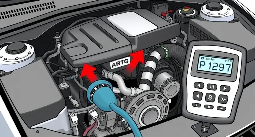 A detailed illustration of a car engine bay with a diagnostic tool connected to the car's computer. The engine should be partially disassembled to show wiring and sensors. A digital display shows the P1297 error code. Focus on clarity and technical accuracy.
