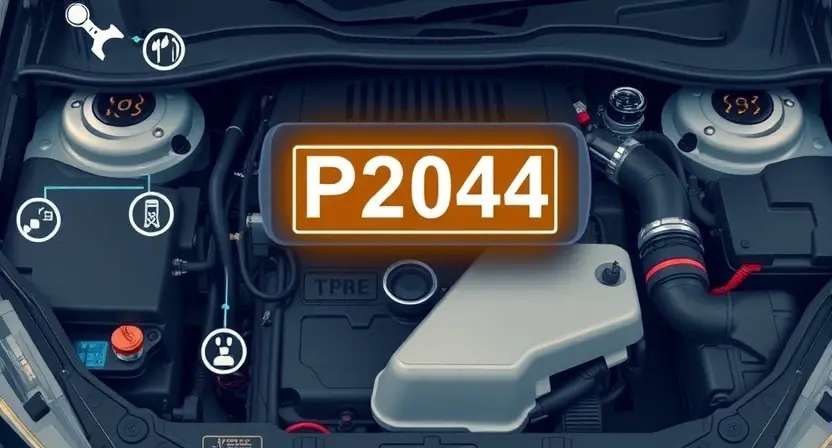 A high-quality technical illustration showing a modern car engine bay with a glowing diagnostic scanner displaying the error code P2004, surrounded by subtle symbols of automotive repair tools and circuitry, clean and professional visual representation of automotive error diagnosis
