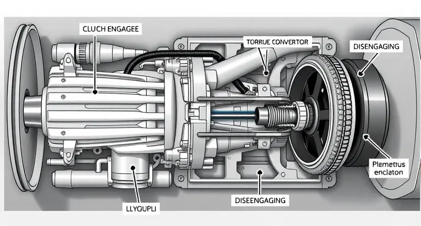 A detailed illustration of a car's transmission system, specifically highlighting the torque converter lock-up clutch. Show the clutch engaging and disengaging, with visual cues representing the fluid flow and mechanical interaction. Include labels for key components like the torque converter, transmission, and clutch.