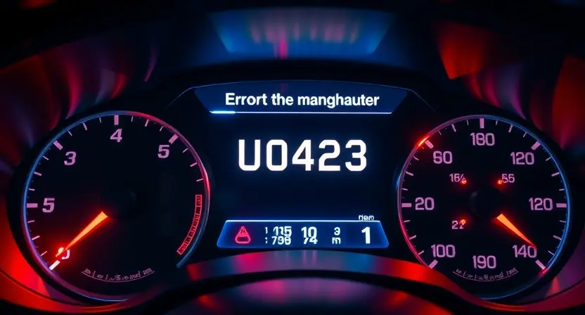 A modern car dashboard with illuminated warning lights and error code U0423 displayed on the instrument panel, showing a technical malfunction indicator, realistic lighting, high detail, no text or numbers on the image