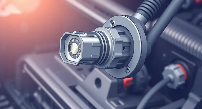 A close-up, detailed illustration of a car's high-voltage sensor and wiring harness. The sensor should be clearly visible, with wires connecting it to the vehicle's electrical system. Focus on the connection points and the overall condition of the wiring. The background should be blurred to emphasize the sensor and wiring. The image should convey a sense of technical precision and diagnostic inspection.
