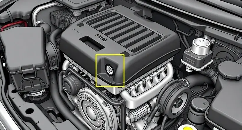 A detailed illustration of a car engine with a highlighted section indicating a potential issue, such as a malfunctioning sensor or component, to visually represent the error code P2505. The engine should be depicted in a realistic and highly detailed manner, with a focus on the problematic area.