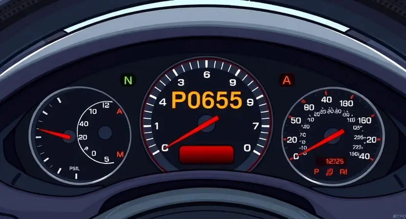 A detailed illustration depicting a car's dashboard with a P0605 error code illuminated on the display. The dashboard should show various gauges and warning lights, with the P0605 code clearly highlighted. Include visual cues representing the car's engine and computer systems.