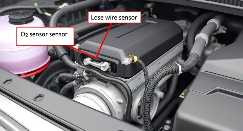 A detailed illustration of a car's engine bay, focusing on the area around the O2 sensor. The image should show the sensor itself, wiring harness, and connectors. Include visual cues indicating potential issues, such as loose wires or corroded connectors. The background should be slightly blurred to emphasize the engine components.