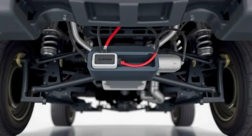 A close-up, detailed illustration of a car's undercarriage, specifically focusing on the area where an accelerometer sensor is located. The sensor should be clearly visible, connected by wires to the car's wiring harness. The background should show other components of the car's chassis, like suspension parts and exhaust system, but blurred to keep the focus on the accelerometer. The overall lighting should be bright and even, highlighting the sensor's details.
