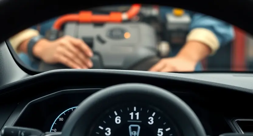 A close-up shot of a Toyota car's dashboard with a highlighted P1150 error message displayed on the infotainment screen. The background should show a mechanic's hands working on the car's engine, subtly blurred. Focus on the dashboard and the error message.