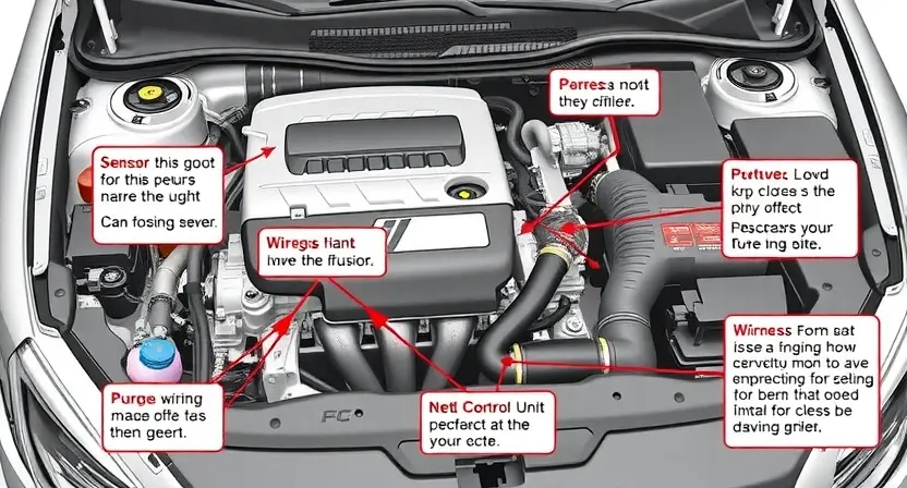 A detailed illustration of a car's engine bay with various components clearly visible, highlighting potential issues related to a P0606 error code. Include visual representations of sensors, wiring, and the control unit.