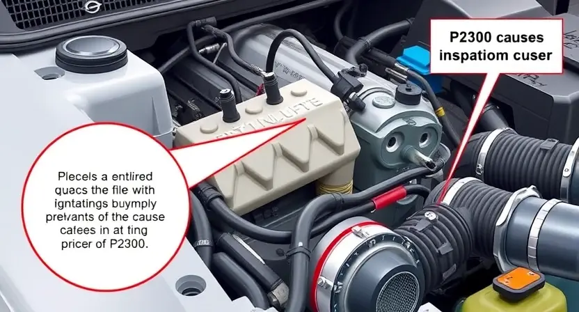 A detailed illustration of a car engine with a highlighted ignition coil, showing the components involved in the P2300 error code. The image should depict the engine bay with a focus on the ignition system, including spark plugs and wires, to visually explain the causes and potential fixes for the P2300 error.
