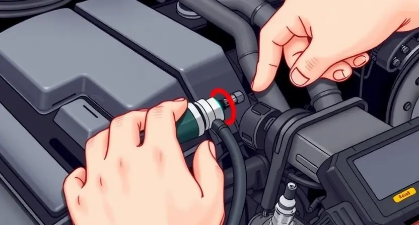 A close-up, detailed illustration of an engine bay with a focus on the coolant temperature sensor. The sensor should be clearly visible, along with its wiring and connection to the engine block. Include visual cues suggesting a diagnostic process, such as a mechanic's hand gently touching the sensor or a diagnostic tool nearby. The overall scene should convey a sense of technical inspection and repair.