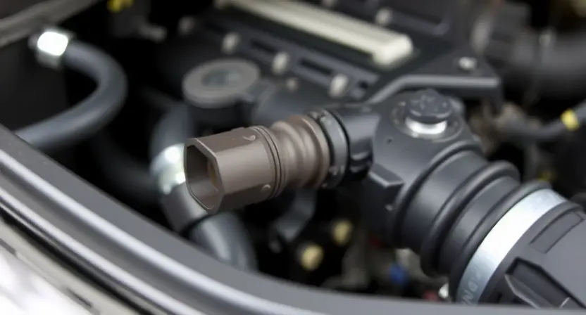 A close-up shot of a car's engine bay, focusing on the mass airflow sensor (MAF sensor). The sensor should be clearly visible, with surrounding engine components blurred in the background. The lighting should be bright and even, highlighting the sensor's details.