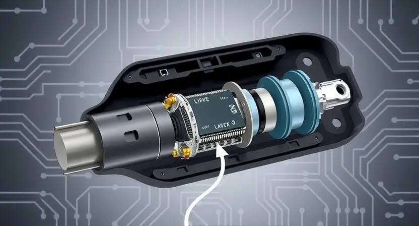 A detailed technical illustration of a car's longitudinal acceleration sensor (G-sensor) showing internal components like a micro-electromechanical system (MEMS) chip, wiring harness, and mounting bracket, with subtle visual indicators of malfunction such as a cracked sensor housing, loose connector, or electromagnetic interference waves nearby, set against a clean automotive engineering background with faint circuit diagram overlays, all in a professional, high-clarity technical diagram style