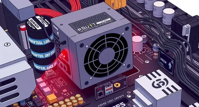 A detailed illustration of a computer motherboard with a highlighted power supply unit (PSU) and a red error indicator light. Focus on the PSU's connection points and the surrounding components. The image should convey a sense of technical troubleshooting and diagnostics.