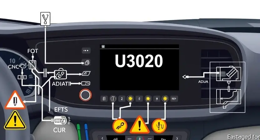 A technical illustration showing a vehicle's onboard control module with an error code U3020 displayed on a diagnostic screen, surrounded by schematic diagrams of electrical connections and warning symbols, rendered in a clean, high-quality technical illustration style