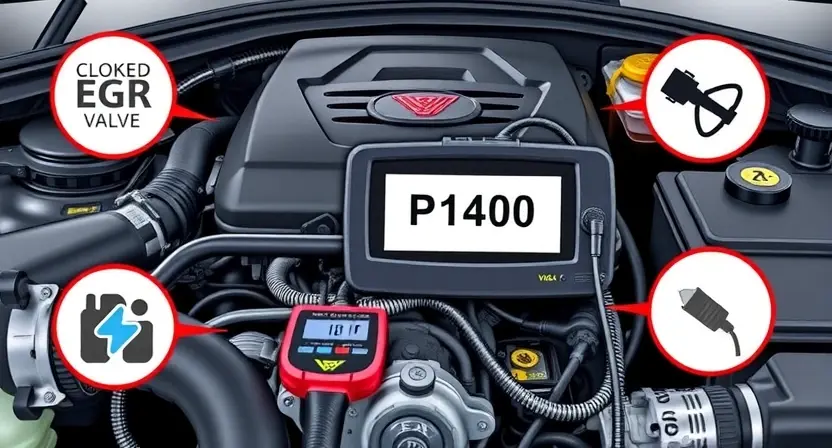 A detailed technical illustration showing a car engine with diagnostic tools connected, highlighting the P1400 error code on a digital scanner display, surrounded by symbols of common causes like a clogged EGR valve, faulty vacuum hose, and malfunctioning sensor, all rendered in a clean, professional automotive repair manual style