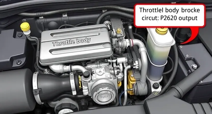 A detailed illustration of an automotive engine bay, focusing on the throttle body and its associated wiring and sensors. The image should clearly depict the potential cause of the P2620 error code – a broken circuit in the throttle body signal output. Include visual cues indicating a damaged wire or connector.