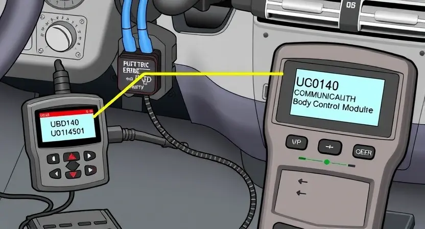 A detailed technical illustration of a vehicle's electronic control system showing a diagnostic scanner connected to a car's OBD-II port, with highlighted wiring and error code U0140 displayed on a digital screen, emphasizing loss of communication with the Body Control Module, clean technical diagram, high quality, no text or letters on image