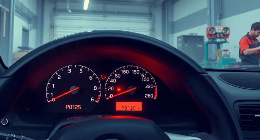 A detailed illustration of a car dashboard with the check engine light illuminated, indicating the P0126 error code. The dashboard should show various gauges and indicators, with a focus on the temperature gauge showing a lower than normal reading. The scene should be set in a well-lit garage or workshop, with a mechanic or technician in the background, examining the car with diagnostic tools.