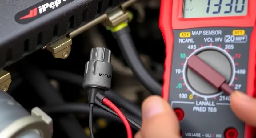 A close-up, detailed image of a car's manifold absolute pressure (MAP) sensor being tested with a multimeter. The sensor should be clearly visible, connected to wiring, and the multimeter should be displaying a voltage reading. Focus on the sensor and wiring connections. The background should be a slightly blurred automotive repair environment.