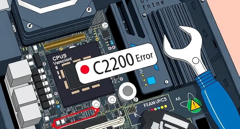 A detailed illustration depicting a computer motherboard with various components like CPU, RAM, and graphics card. Highlight the C2200 error code indicator on the motherboard. Include visual cues representing technical maintenance, such as a wrench and screwdriver near the motherboard.