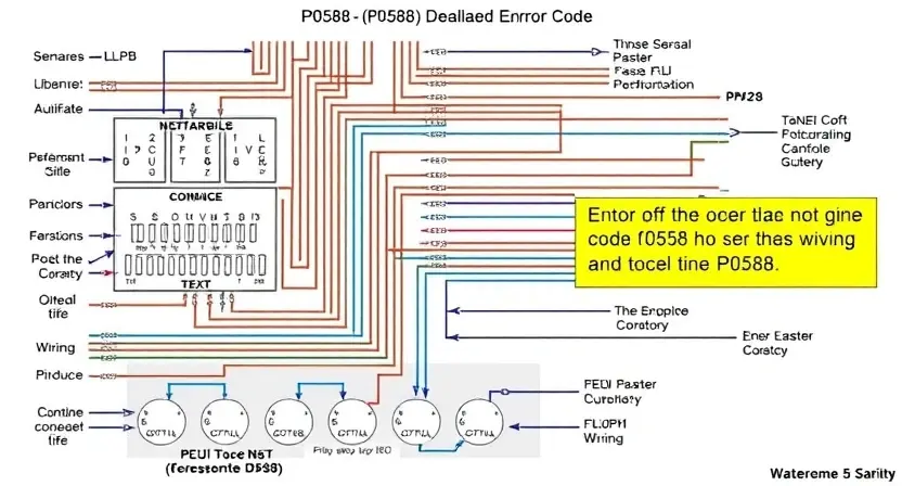 A detailed schematic diagram illustrating the P0588 error code in a vehicle's engine control unit (ECU). The diagram should show the relevant sensors, actuators, and wiring related to the code, with clear labels and annotations. Include a visual representation of the error code itself.