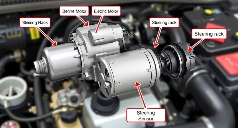 A detailed, realistic illustration of a car's power steering system, focusing on the electric motor and its connection to the steering rack. The image should highlight the motor's components and wiring, showing a clean and organized system. Include labels pointing to key parts like the motor, steering rack, and relevant sensors. The background should be a slightly blurred view of the engine bay.