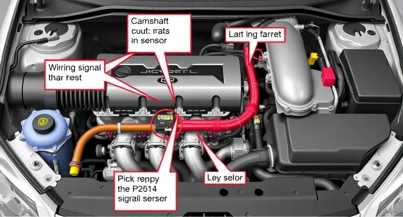 A detailed illustration of a car engine bay, focusing on the camshaft signal output circuit. Include visual representations of the sensor, wiring harness, and potential points of failure. The image should clearly depict the components involved in the P2614 error.